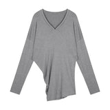 Anokhinaliza Vintage V-neck Solid Color All Match Long-sleeved T-shirt Women 2024 Autumn New High Street Loose Casual Asymmetric Tops