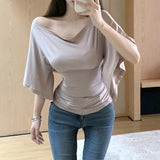 Anokhinaliza Off-shoulder Pleated Solid Color Sexy Slim Short-sleeved T-shirt Women 2024 Summer New High Street Fashion All Match Crop Tops