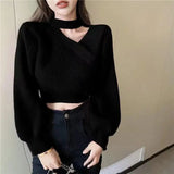 Anokhinaliza Women's Fashionable Hollow Out Solid Color Knitting Loose Halter Long Sleeve Pullovers Autumn Office Lady Irregular Sweater