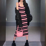 Anokhinaliza 2024 Y2K Spring New Streetwear Contrast Striped Sexy Knitted Sling Dress Women + Loose Casual Long-sleeved Shirt Two-piece Suit