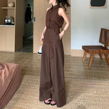 Anokhinaliza Summer New Polo Collar Single-breasted Solid Color Tank Tops Women + High Waist Loose Casual Wide Leg Pants Two-piece Suit