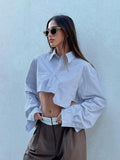 Anokhinaliza Pocket Patchwork Cropped Shirts For Women 2024 New Spring Summer Chic Long Sleeve Button Blouses Streetwear Fashion Solid Blouse