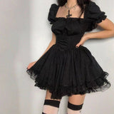 Anokhinaliza Lolita Black Dress Goth Aesthetic Puff Sleeve High Waist Vintage Bandage Lace Trim Party Gothic Clothes Summer Dress Woman