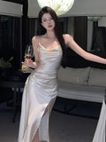 Anokhinaliza Elegant Party Dress For Women Satin Solid High Split Swinging Collar Spaghetti Strap Korean Chic Fashion Evening Dresses