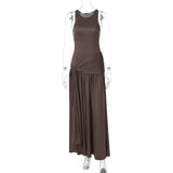 Anokhinaliza Brown Ruched Maxi Dress for Women Elegant Sleeveless Slim Evening Party Dresses Summer Fashion Bandage Holiday Outfits