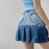 Anokhinaliza American Vintage Denim Skirts Pleated Heart Raw Edge Gradient Color Mini Skirt Y2k Female Slim Summer Gyaru Women Clothing