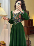 Anokhinaliza Vintage France Green Velvet Floral Dress for Women Chic Auricular A-line Party Prom Robe Winter Spring Harajuku Clothes