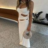 Anokhinaliza Sexy Knit Hollow Out Sling Long Dress Women Slim V-neck Sleeveless Backless Maxi Dresses 2024 Autumn New Lady White Party Robes