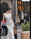 Anokhinaliza Sexy Sleeveless Satin Mermaid Long Dresses for Women Summer French Elegant Fashion Slim Solid Tank Evening Party Robe