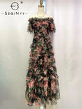 Anokhinaliza Elegant Midi Dress Summer Spring New Fashion Design Women Runway High Street Vintage Flower Print Elastic A-Line Party