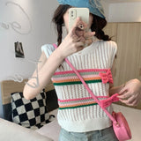 Anokhinaliza Y2K Kwaii Women Knit Tank Tops Bow Stripe Crew Neck Vests Summer Slim Fit Sleeveless T-Shirts 00s Retro Streetwear