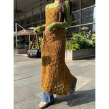 Anokhinaliza 2024 Spring New Streetwear Hollow Sexy Knitted Sling Dress Women + Solid Color Casual Long-sleeved T-shirt Two-piece Suit