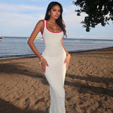 Knit Contrast Backless Long Dress Female Lace-Up Slim Patchwork Beach Holiday High Waist Dress Women's Knitwear Maxi Dress New