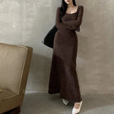 Anokhinaliza Vintage Solid Color All Match Elegant Long-sleeved Dress Women Autumn New Korean Sexy Slim Draped Knitted Mid-length Dress