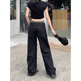 Anokhinaliza American Contrast Color Leopard Print Patchwork Casual Jeans Women 2024 Autumn New Fake Two-piece Loose Denim Wide Leg Pants