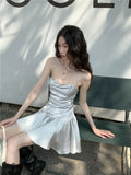 Anokhinaliza Sexy Satin Mini Dress Summer 2024 Women Evening Party Dress Y2k Backless Beach Dresses Ruffle Bandage Korean Fashion