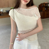 Anokhinaliza Skew Collar Sexy Slim Asymmetric Knit Short Sleeve T-shirt Women 2024 Summer New Streetwear Contrast Color Patchwork Casual Tops