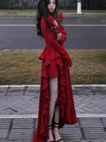 Anokhinaliza New Spring Red Vintage Elegant Long Sleeve Dresses Women Irregular Ruffles Retro Princess Evening Party Dress Prom Robe 2024