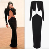 Anokhinaliza Black Hollow Out Maxi Dress for Women Fashion Long Sleeve Slim Evening Party Dresses Autumn Winter Sexy Night Club Outfits