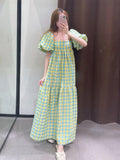 Anokhinaliza Korean style Summer Plaid Print Ruffle Square Neck Checked Dress Short Sleeve Tie Up Strap Gingham Midi Dress Women