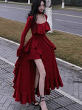 Anokhinaliza New Spring Red Vintage Elegant Long Sleeve Dresses Women Irregular Ruffles Retro Princess Evening Party Dress Prom Robe 2024