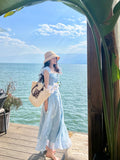Anokhinaliza 2024 Summer French Elegant Blue Midi Dress Women Chiffon Beach Floral Party Dress Holiday Boho Casual Korean Fashion Dress Chic