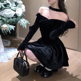 Anokhinaliza Off-shoulder Sexy Slim Velvet Black Long-sleeved Dress Women 2024 Spring New Korean Fashion Bow Pleated Halter Party Dress