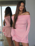 Anokhinaliza Pink Slash Neck Bodycon Dress For Women Clothing High Waist Streetwear Long Sleeve Vestidos Elegantes Para Mujer Fashion Outfits