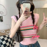 Anokhinaliza Y2K Kwaii Women Knit Tank Tops Bow Stripe Crew Neck Vests Summer Slim Fit Sleeveless T-Shirts 00s Retro Streetwear