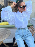 Anokhinaliza Ruffle Loose Women Shirts 2024 Cotton Long Sleeve Elegant White Tshirt Ladies Street Casual Holiday Baggy Cover Up Female