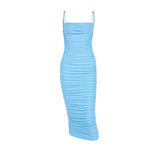 Anokhinaliza High-quality Solid Color Blue Mesh Dress New Sexy Fishbone Pleats Open Backpack Hip Strap sexy Dress