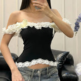 Anokhinaliza Sexy Lace One-Shoulder Sleeveless Cropped Top For Women Strapless Splice Slim Fashion Y2K Hot Girl Short T Shirt Female