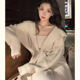 Anokhinaliza Korean Fashion White Sweaters 3 Piece Suit for Women Autumn New Knitted Short Top Elegant Loose Pants Set Female Clothing