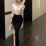 Anokhinaliza Summer New Polo Collar Loose Casual White Long-sleeved Shirt Women + High Waist Sexy Split Mid-length Skirt Two-piece Suit