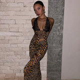 Anokhinaliza Elegant Women Lace Patchwork Leopard Print Maxi Dresses Deep V Neck Backless Sleeveless 2024 Party Evening Vestido Dress