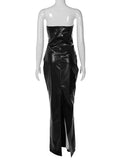 Anokhinaliza 2024 New Fashion PU Leather Dresses for Women Sexy Sleeveless Hollow Out Backless Slim High Slit Long Maxi Evening Party Dress