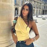 Anokhinaliza Y2K Casaul Solid Color Summer Women T Shirt Pullover Slash Neck One Shoulder Sleeveless Crop Tops Ruched Slim Basic El