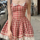 Anokhinaliza  Vintage Sweet Red Plaid Dress for Women Kawaii Elegant French Style Bow Lace Party Mini Dress Retro Lolita Pleated Dress