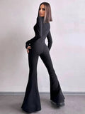 Anokhinaliza 2024 Spring Long Sleeve Zip-up Flare Pants Jumpsuits for Women Elegant O-neck High Waist Tunics Slim Overalls Female Streetwear