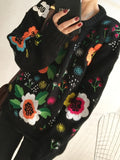 Anokhinaliza Vintage Womens Clothing Embroidered Floral Pullover Black Sweater Women Loose O Neck Knitwears Tops Fashion Sueter Mujer