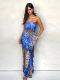 Anokhinaliza Woman Clothes Strapless Blue Floral Dresses Fashion Sexy Leopard Printed High Slit Ruffles Sleeveless Long Evening Party Dress