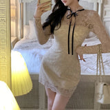 Anokhinaliza V-neck Bow Lace-up Sexy Slim Long-sleeved Dress Women 2024 Spring New Korean Hook Flower Hollow Casual Mini Dress