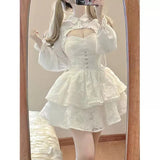 Anokhinaliza Hot Girl Lace White Kawaii Lolita Dress Woman Cascading Ruffl Long Sleeve Fairy Dress Straps Birthday Party Quinceanera Dresses