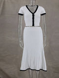 Anokhinaliza White long skirt for ladies 2 piece pleated long skirt V Neck crop top set elegant dress 2 piece skirt set office Summer 2024
