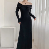 Anokhinaliza - New  Autumn Winter Long Sweater Dress Women Slash Neck Cross Elegant Knitted Dresses Rib Cotton Maxi Dresses Female