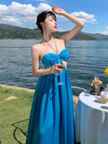 Anokhinaliza Summer Sexy Backless Beach Long Dresses Women's Fashion Blue Halter A-line Party Sundress Elegant Pleated Runway Robe Mujers