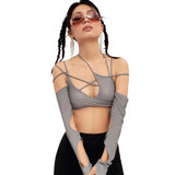 Anokhinaliza Punk Women Halter Tops Gothic egirl Patchwork Long Sleeve Crop Top Sexy Cut Out Casual T-shirts