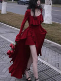 Anokhinaliza New Spring Red Vintage Elegant Long Sleeve Dresses Women Irregular Ruffles Retro Princess Evening Party Dress Prom Robe 2024