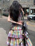 Anokhinaliza Rainbow Summer Japanese Kawaii Plaid Dress Women Casual Sleeveless Even Party Y2k Korean Fashion Lolita Style Vintage Cake Dress