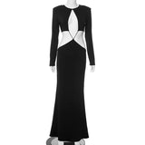 Anokhinaliza Black Hollow Out Maxi Dress for Women Fashion Long Sleeve Slim Evening Party Dresses Autumn Winter Sexy Night Club Outfits